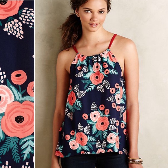 Paper Crown X Rifle Paper Co. Floral Spanish Rose Print Aster Tie Neck Top L - Picture 1 of 12